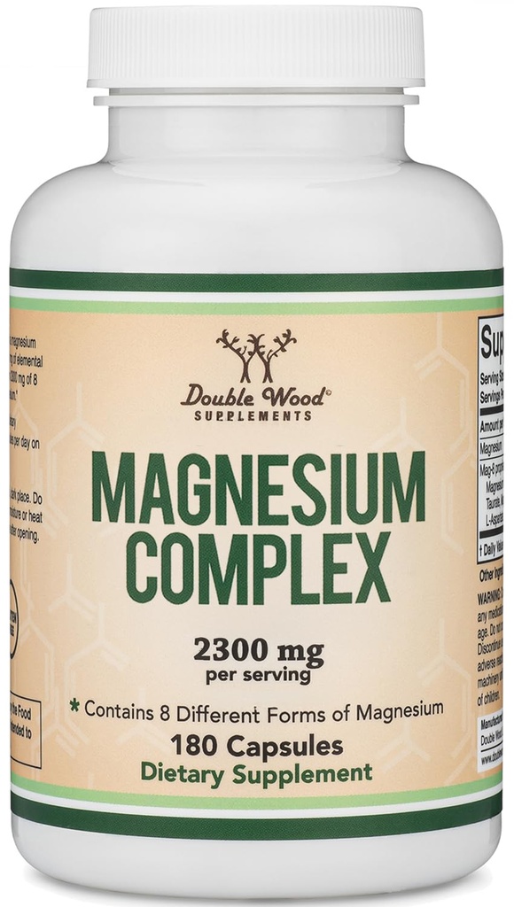 Supplément complexe de magnésium 180 capsules (426mg Magnésium élémentaire fourni par 2300mg de huit différentes formes de magnésium) MAG-8 Fournit une valeur recommandée de 100% de magnésium par jour par le double bois