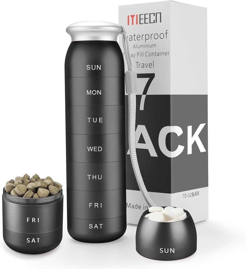 Organisateur hebdomadaire de pilules, Voyage portable 7 jours, Conteneur étanche, Grand, Aluminium, Métal, Vitamines de cale, Huile de foie de morue, Suppléments et médicaments (Noir)