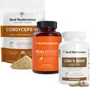 Véritables champignons RealBoost (60ct), Lions Mane (120ct) & Cordyceps Poudre de champignons et capsules Bundle - Supplément de champignons pour l'énergie, la vitalité, l'endurance et la cognition - végétalien, non-OGM