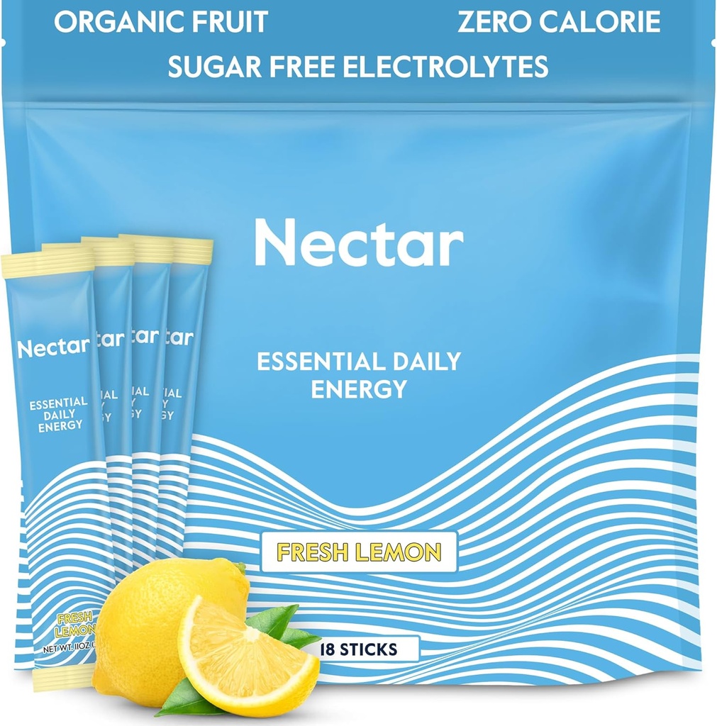 Nectar Energy Booster - Caféine biologique, B12 & Electrolytes - Sans sucre et sans calories – Café sain, boisson énergétique et substitut de soude – hydratation et supplément énergétique (Lemon 18 Powder Packets)