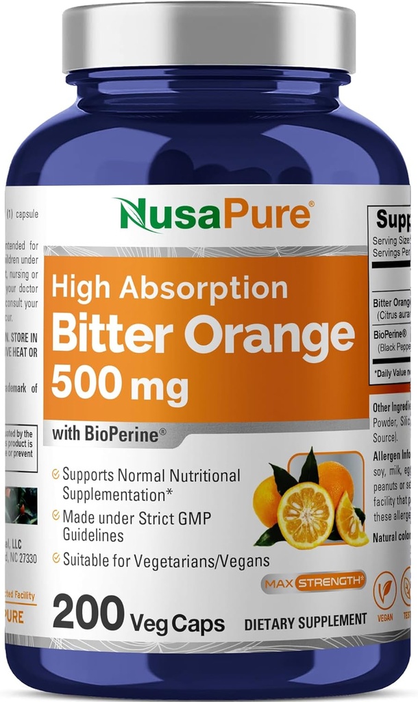 NusaPure Bitter Orange 500mg 200 Veggie Caps (Vegetarian, Non-GMO, Vegan) Bioperine