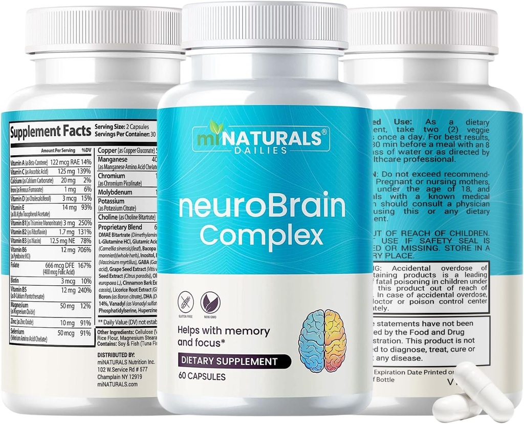 miNATURALS neuroBRAIN compléments complexes pour aider avec la mémoire et la concentration pour les hommes, les femmes et les aînés, les vitamines et la bacopa, GABA, Graines de raisin, Extrait de fruits de baies, et plus encore...