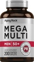 Multivitamine de roche piquante pour les hommes de plus de 50 ans et plus 200 Caplets Mega 50 Plus Multiminéral quotidien avec magnésium, calcium, zinc Non-OGM, supplément sans gluten