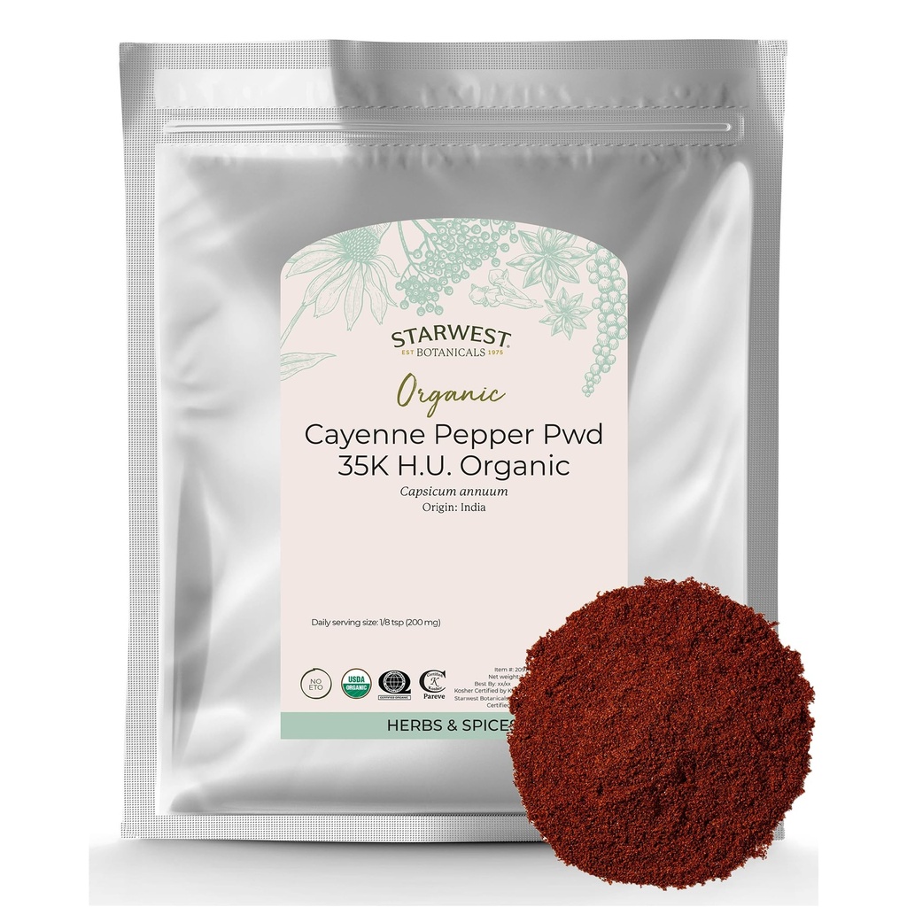 Starwest Botanicals Bio Cayenne Poudre de poivre 35k HU - ajoute de la chaleur, de l'épi de poivre rouge pour l'assaisonnement et les marinades, dérivé de Capsaicin, certifié Kosher, non-OGM - vrac 1 lb sac