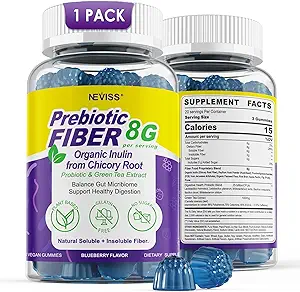 Gommies de fibre pour adultes 8g (Inuline, Psyllium Husk, FOS More) avec probiotiques, extrait de thé vert, mélange de supplément de fibre à base de sucre pour la santé digestive, la régularité, non-OGM, végétalien, 60Cts