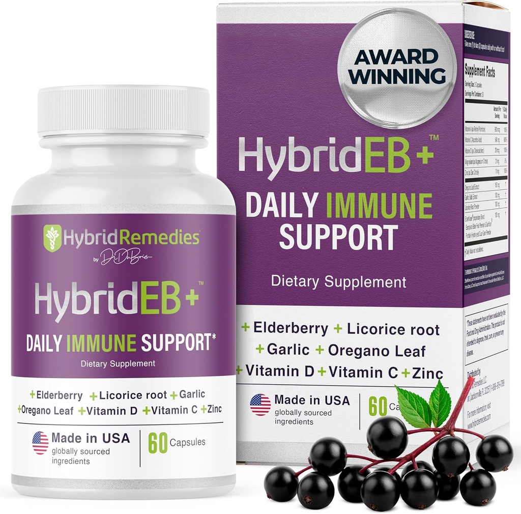 HybrideEB Sambucus Immune avec vitamine C, zinc, vitamine D3 - Supplément antioxydant et immunité, 1 mois d'approvisionnement - 9 en 1 Black Elderberry Enfants et adultes - 60 capsules