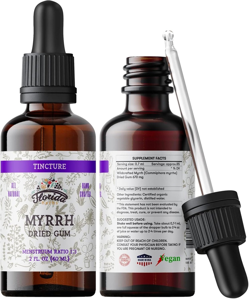 Myrrhe Teinture, Extrait de Myrrhe (Commiphora myrrha) pour l'indigestion - Non-OGM dans Glycérine végétale biologique pressée à froid 670 mg, Suppléments 670 mg