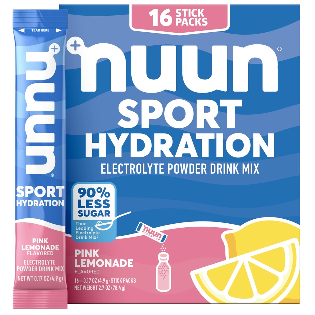 Nuun Sport Electrolyte Powder Packets avec Magnésium, Calcium, Potassium, Chlorure, et Sodium, Packs d'hydratation pour Sur-le-Go, Limonade Rose Saveur, sans gluten et végétalien, 16 portions simples