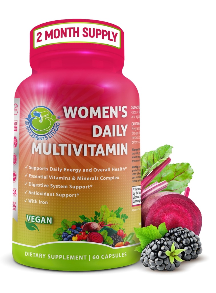 Multivitamine quotidienne pour femmes avec fer - Multivitamine méthylée végane pour les femmes avec biotine, Superaliments biologiques, Probiotiques, B-Complex - Énergie, Gut & Optimal Health Support – Capsules faciles à avaler