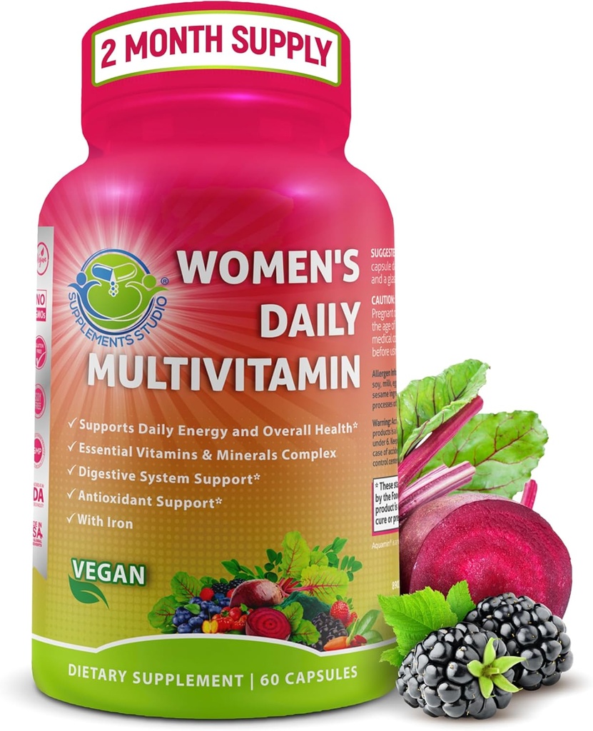 Women's Daily Multivitamin with Iron - Vegan Methylated Multivitamin for Women with Biotin, Organic Superfoods, Probiotics, B-Complex - Energy, Gut & Optimal Health Support – Easy to Swallow Capsules
