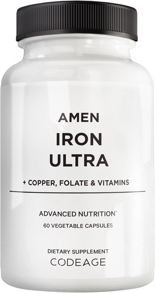 Amen Iron Ultra Supplement + Cuivre, Folate, Vitamine C et B12-2-Ment - Sulfate de fer Fer Vitamine - 65mg par portion - Acide folique - Pilules non OGM - 60 Capsules