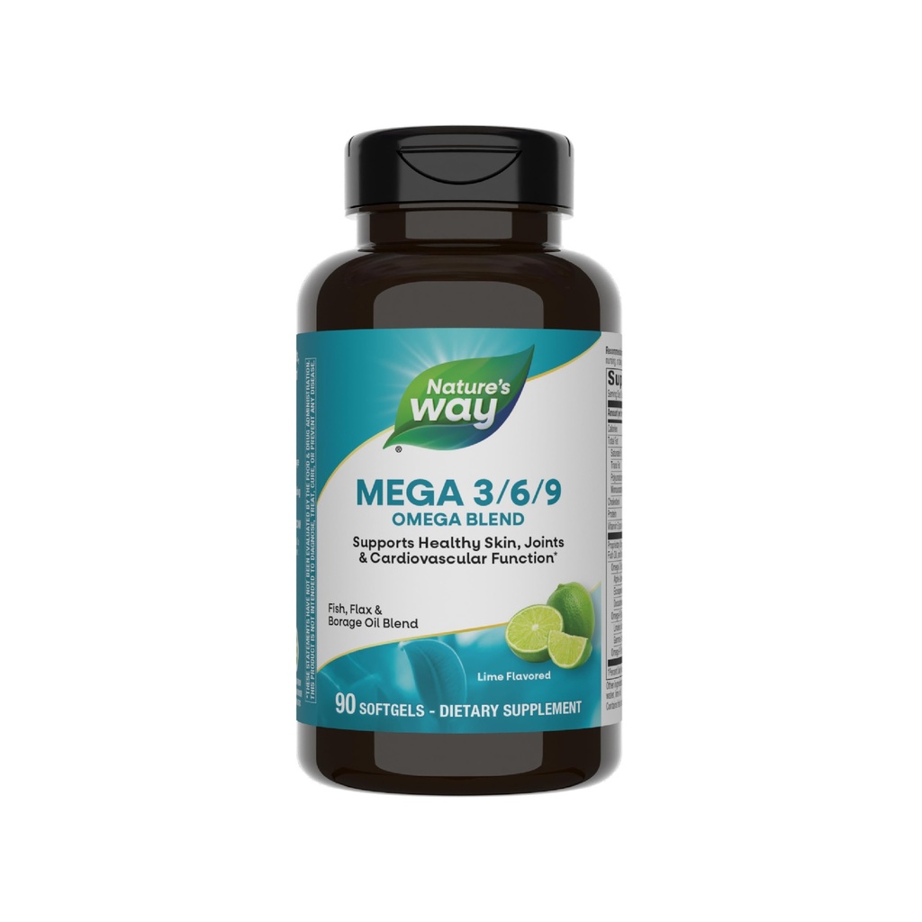 Nature's Way Mega 3/6/9 Omega Blend, soutient peau saine, articulations, fonction cardiovasculaire*, poisson, lin, huile de bore, 90 softgels aromatisés à la chaux (paquetage mai Vary)