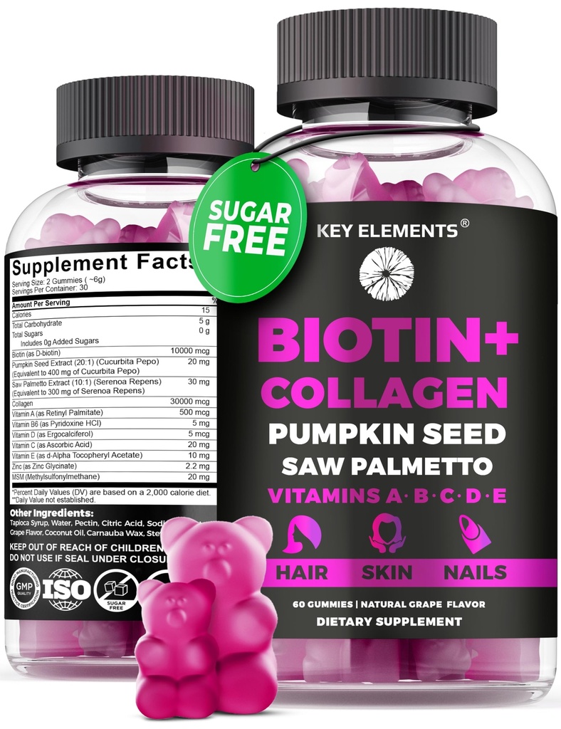 Peau et ongles de cheveux 10000mcg Gommies & Gommies de collagène - Vitamines de biotine pour la croissance des cheveux Huile de graines de citrouille, extrait de palmier à scie et vitamines A B6 C D E - Suppléments de biotine et de collagène