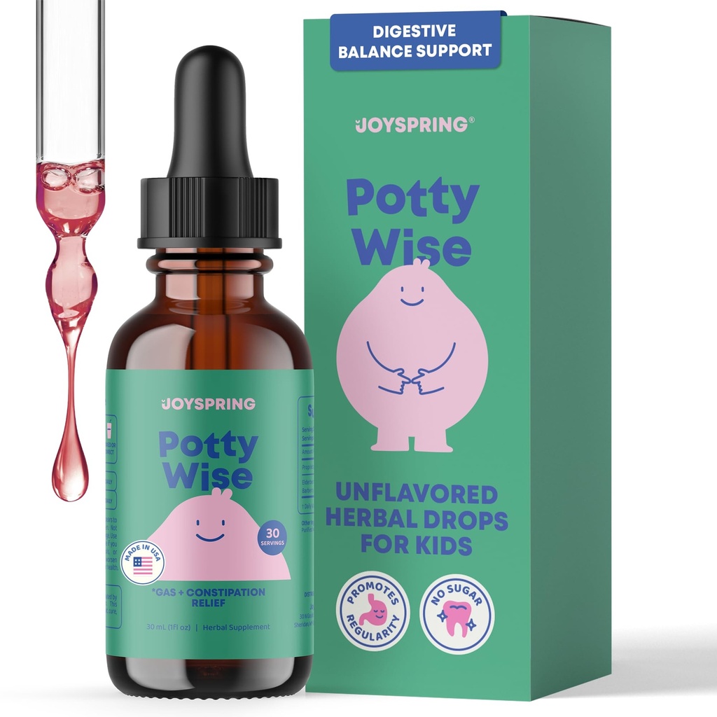 JoySpring Potty Wise Drops – Natural Constipation Relief for Kids & Toddlers – Elderberry, extrait de racine de réglisse, graines de fenouil et senna – supplément de mélange liquide végétalien sans sucre (1 fl oz) 30 portions