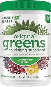 Véritable santé Greens+ Poudre de superaliments originale - Naturel non sucré - Sans stévia - Ingrédients riches en chlorophylle, spiruline, chardon de lait, antioxydants - Sans lait -208g-25 portions