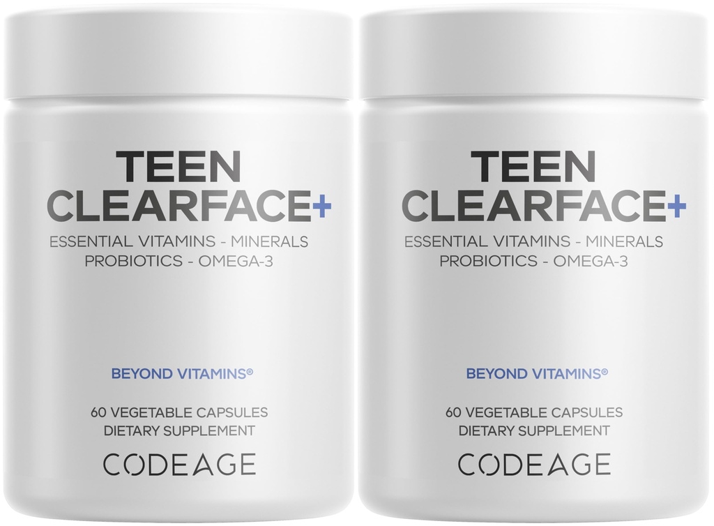 Codeage Adolescents Clearface Adolescents visage, peau et boutons, Vitamines A, C, D3, E, Acide pantothénique, Niacine, Supplément de zinc Adolescents, Probiotiques, L-Lysine, Oméga-3, Peau huileuse, Porcs, Spots - 2 Pack