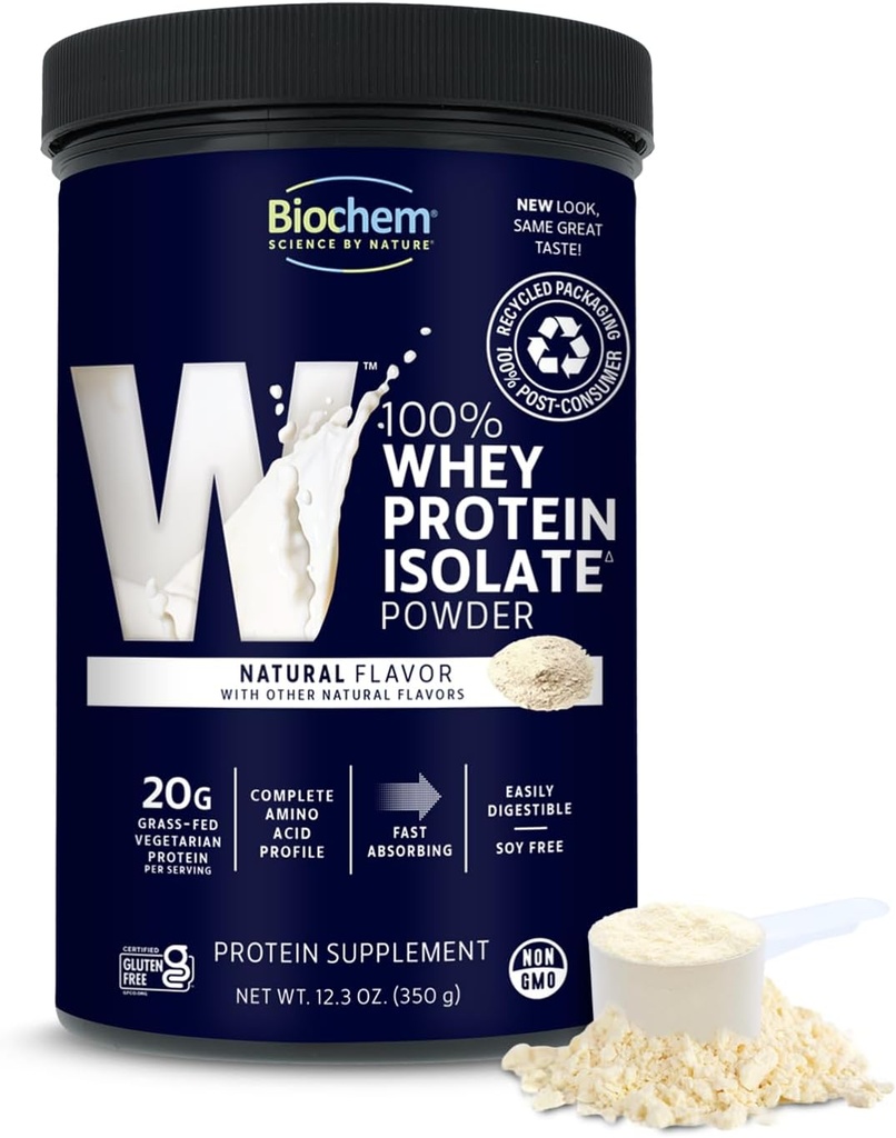 Biochem 100% Whey Isolate Protein - Saveur naturelle - 12.3 Ounce, Pré-entraînement & Santé Immunissable - 20g Protéine végétarienne - Facilement digestible - Bouche rafraîchissante - Co...