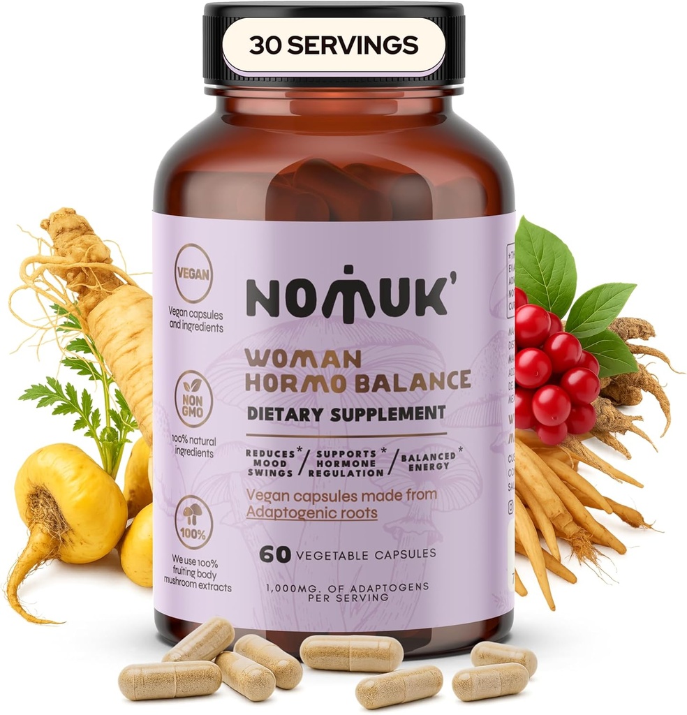 Femmes Hormo Balance Adaptogènes Suppléments avec Maca Panax Ginseng Shatavari Schisandra Formule conçue pour les femmes Wellness & Hormone Harmony Support 60 Capsules Vegan