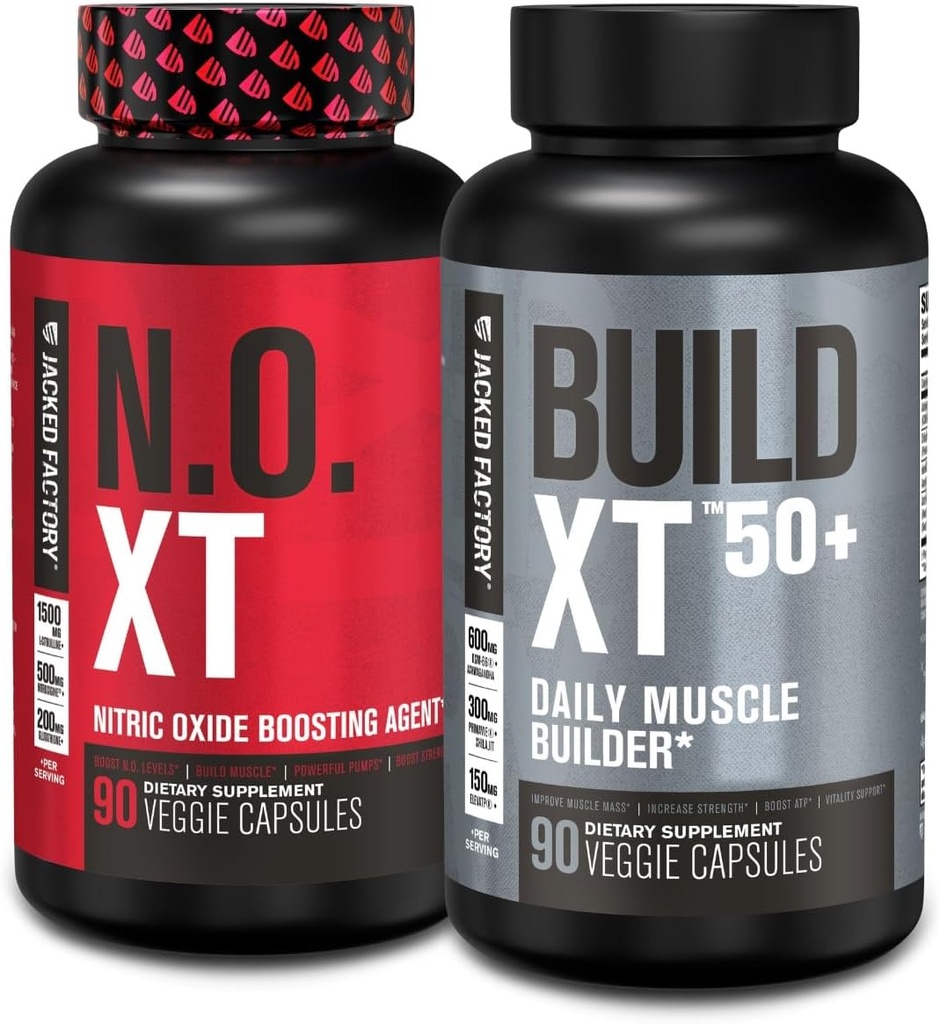 Jacked Factory N.O. XT Supplément à l'oxyde nitrique (90 capsules) et construire XT 50+ Constructeur quotidien de muscles (90 capsules) pour la croissance musculaire, les pompes, la vitalité et la récupération