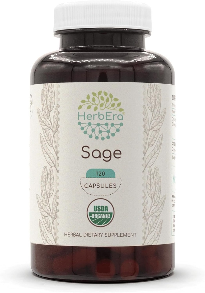 HerbEra Sage USDA Organic 120 Capsules (Salvia officinalis) Feuille séchée (120 Capsules)