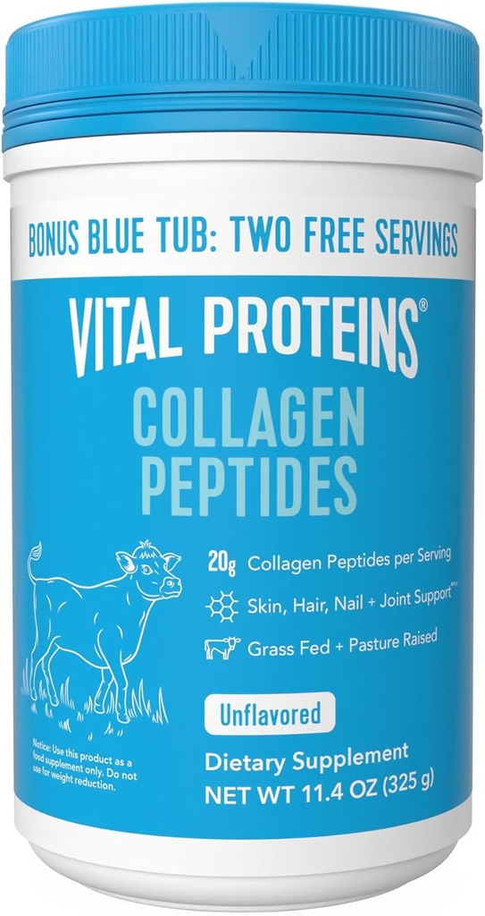 Protéines vitales Collagène Peptides Poudre - Supporte cheveux, ongles, peau, santé articulaire, non aromatisé, sucre zéro, 11,4oz