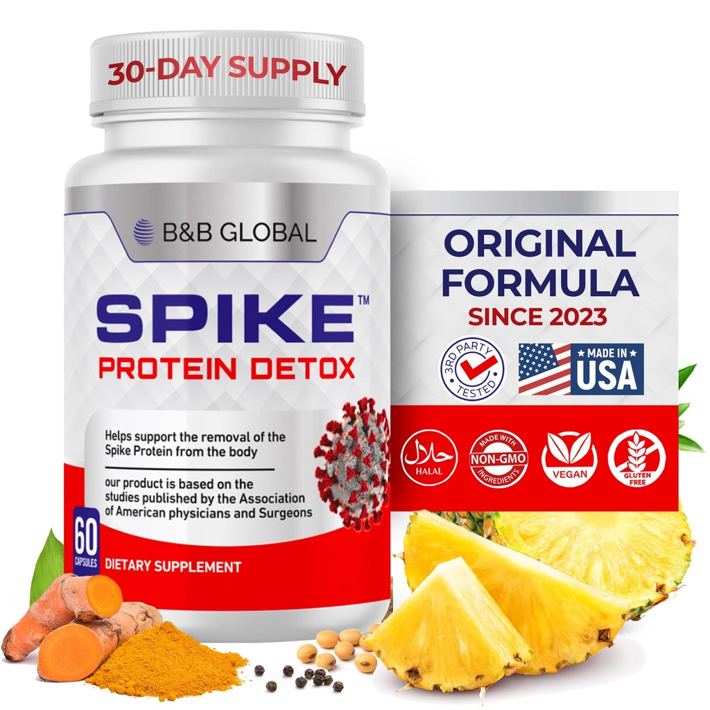 Détox de protéine Spike - Supplément de soutien Spike pour l'équilibre protéique - Mélange 3-en-1 non aromatisé avec Nattokinase 4000Fu, Bromelain 500mg, Curcumin 1000mg - Fabriqué aux États-Unis - 60 capsules, 30 jours d'approvisionnement