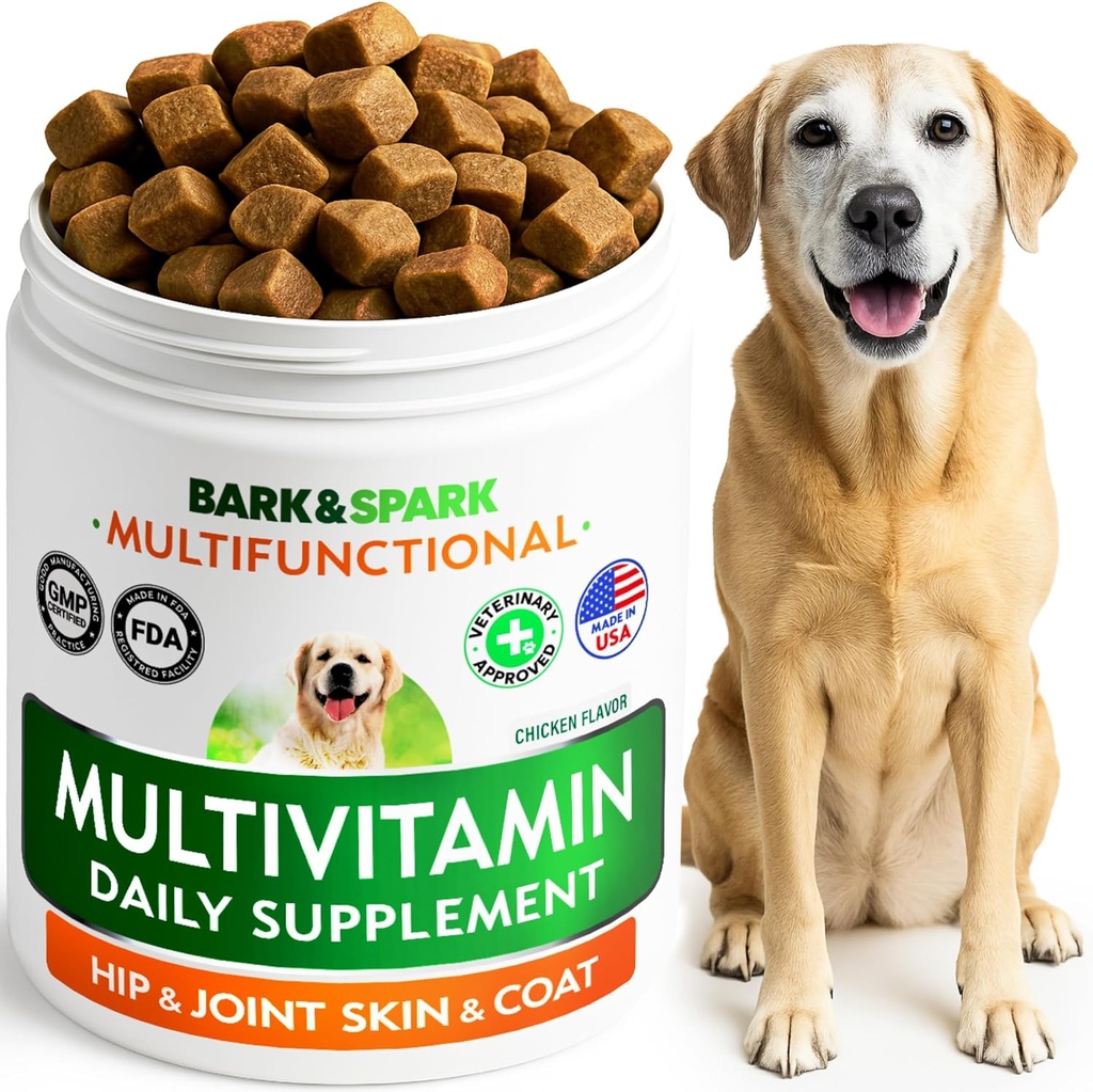 BARK&SPARK Vitamines et suppléments pour chiens - Multivitamines à croquer pour chiens - Glucosamine Chondroïtine pour le soutien articulaire + Oméga pour la peau et le manteau + Probiotiques - Multivitamine pour animaux de compagnie Santé - 120Ct