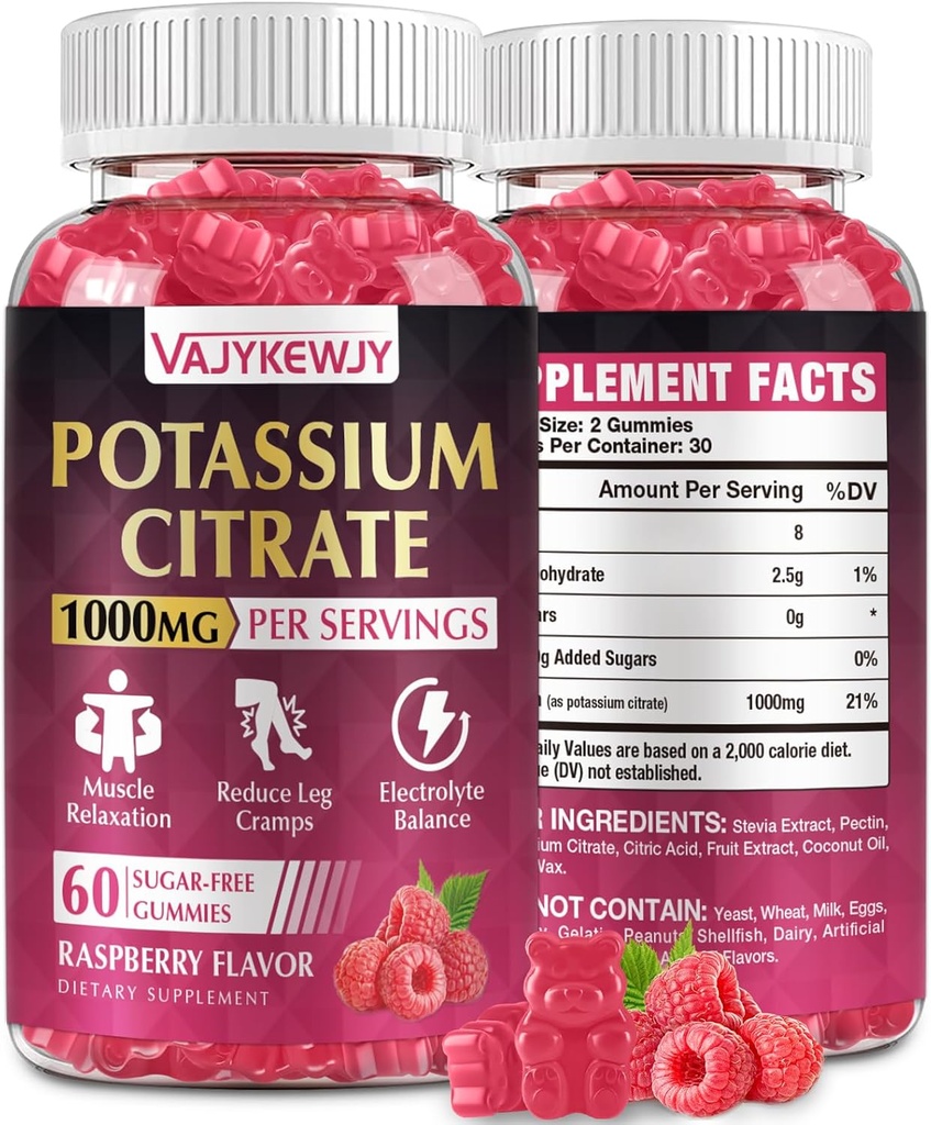 Citrate de potassium Gummies, supplément de potassium élevé (1000mg), soutient les crampes des jambes et la santé musculaire, adapté pour les adultes et les enfants, végétalien, non-OGM, 60-comnt