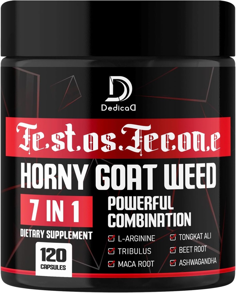 Support 7 en-1 Ultra Test avec Tribulus Terrestris Horny Goat Weed L-Arginine Maca Root Tongkat Ali Beet Root - Energy Workout Muscle Strength Support 120 Capsules