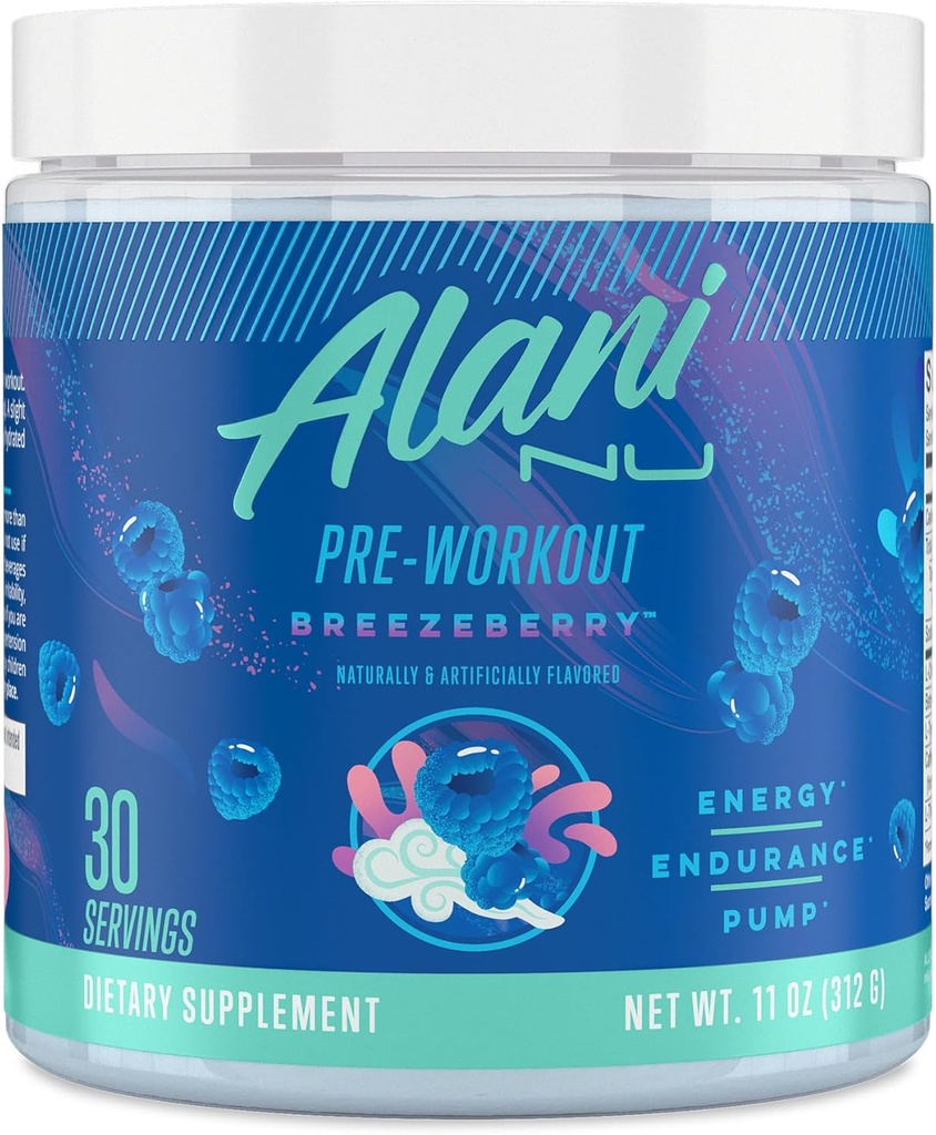 Alani Nu poudre de pré-entraînement BREEZEBERRY, Amino Energy Boost, supplément d'endurance, sans sucre, 200mg caféine, L-Theanine, Beta-Alanine, L-Citrulline, 30 portions