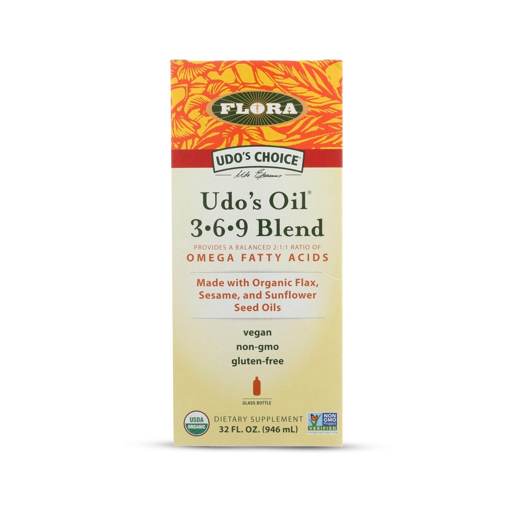 Flora Udo's Oil 3-6-9 Blend - Vegan Omega-3-6, Contient de la noix de coco biologique, huile de graines de lin et plus - Gardez refroidi - 32 fl. oz.