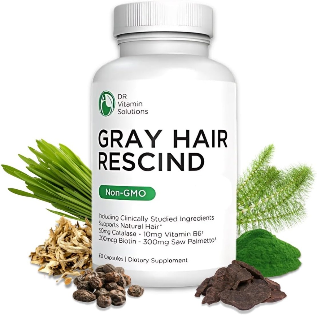 DR Vitamine Solutions Cheveux gris rescindés avec Catalase - Antivieillissement des cheveux, de la peau et des ongles Vitamines, Acide pantothénique, Acide folique 400mcg, Biotine 300mcg, Saw Palmetto pour hommes et femmes