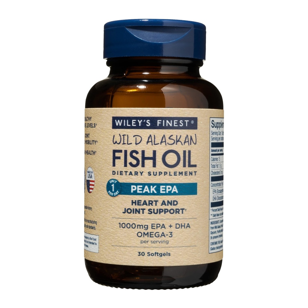 Wiley's Finest Wild Alaskan Fish Oil Peak EPA - Supplément Triple Strength Peak EPA & DHA - Huile de poisson de 1000mg - Oméga-3 pour le soutien sanitaire conjoint - 30 Softgels (30 portions)