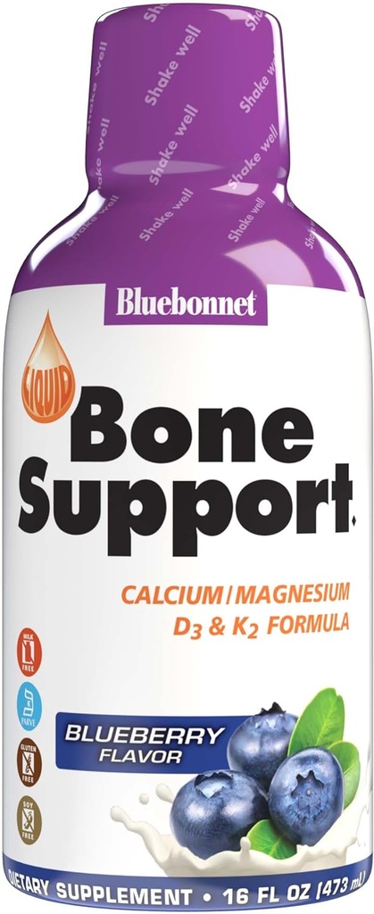 Bluebonnet Nutrition Citrate de calcium, Citrate de magnésium, Vitamine D3, K2, pour la santé des os, Non OGM, Sans gluten, Sans soja, Sans lait, Casher, 32 portions, Blueberry Flavor, 16 Fl Oz (paquet de 1)
