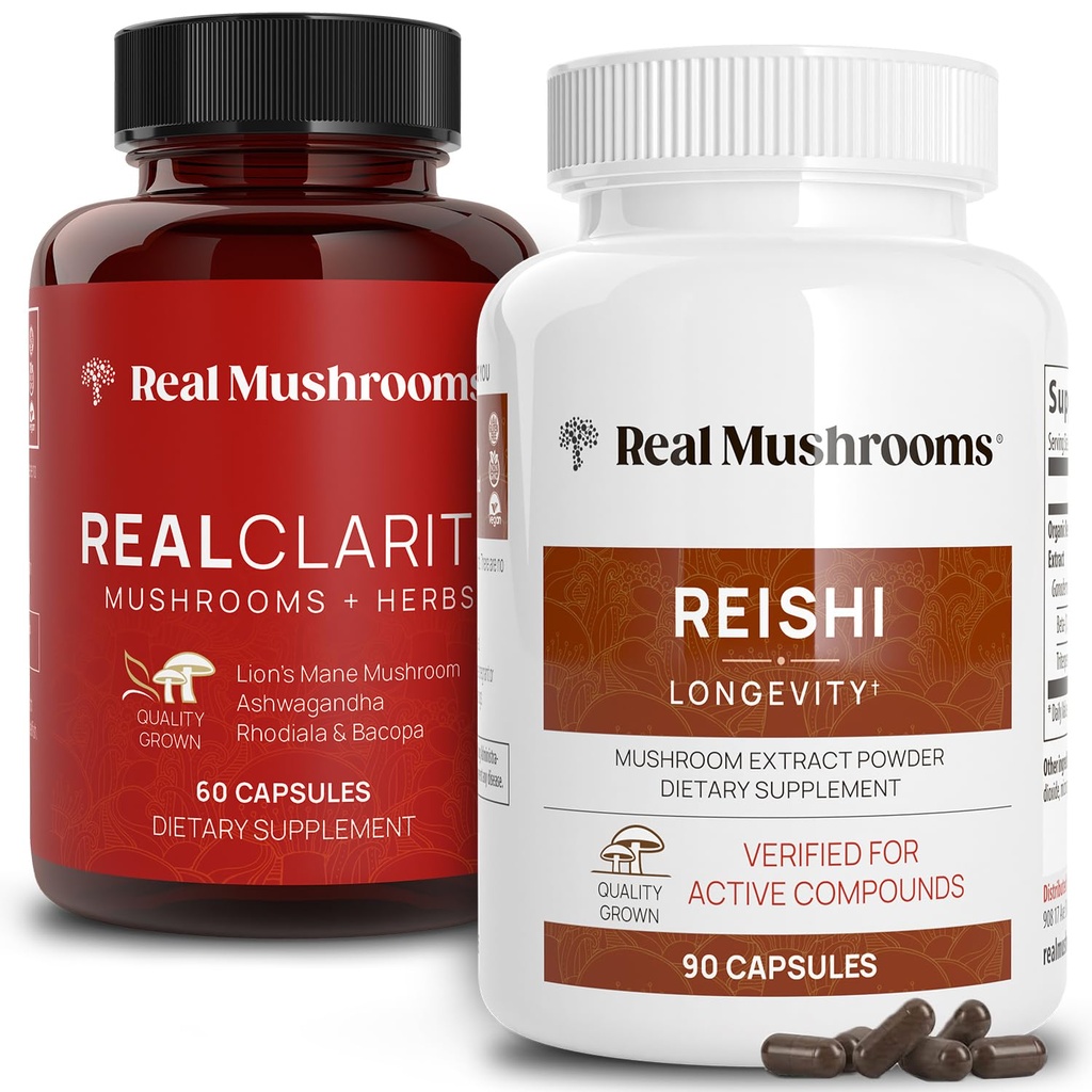 Real Mushrooms RealClarity (60ct) et Reishi (90ct) Capsules Bundle - Supplément de champignons pour la clarté mentale, la concentration, la relaxation, le sommeil et la longévité - Vegan, non-OGM, niveaux vérifiés de bêta-glucanes