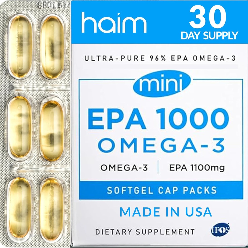 HAIM EPA1000 MINI – Supplément d'huile de poisson Pure EPA – 1 100mg Oméga-3 pour la santé cardiovasculaire, cérébrale et articulaire – High Potency, softgels sans Burpless – petites capsules faciles à avaler – 60 Softgels – Fabriqué aux États-Unis