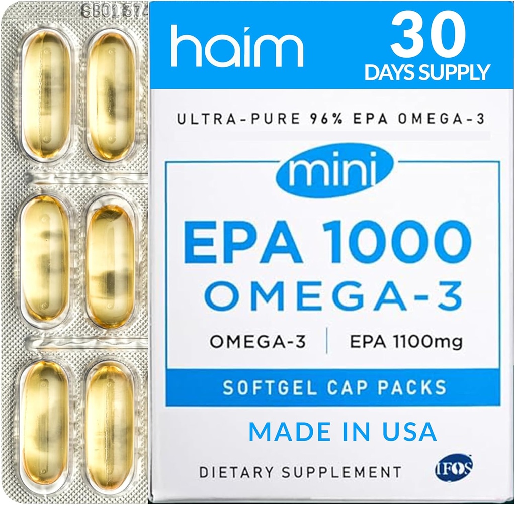 HAIM EPA1000 MINI – Supplément d'huile de poisson Pure EPA – 1 100mg Oméga-3 pour la santé cardiovasculaire, cérébrale et articulaire – High Potency, softgels sans Burpless – petites capsules faciles à avaler – 60 Softgels – Fabriqué aux États-Unis