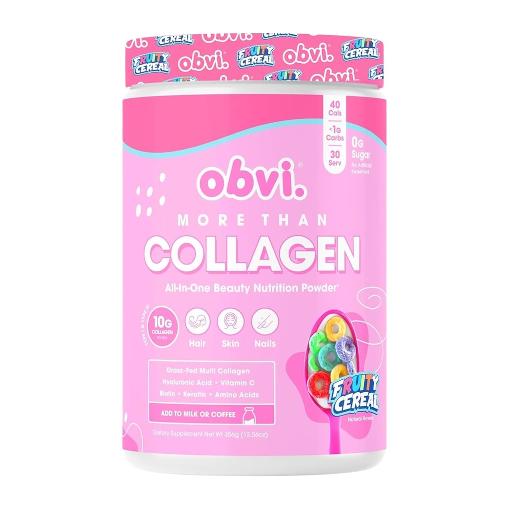 Obvi plus que la poudre de collagènes prend en charge les cheveux sains, la peau, les ongles, les articulations, supplément de collagène à gazon avec acide hyaluronique, biotine, kératine, céréales fruitées, 30 portions