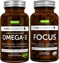 Omega-3 & Vitamine D3 1000iu + Focus Brain Booster Bundle, Fast-Acting 1-a-Day EPA & DHA rTG Huile de poisson sauvage + Caféine, L-Theanine, Taurine & L-Tyrosine, B-Vitamines, Zinc & Cuivre, par Igennus