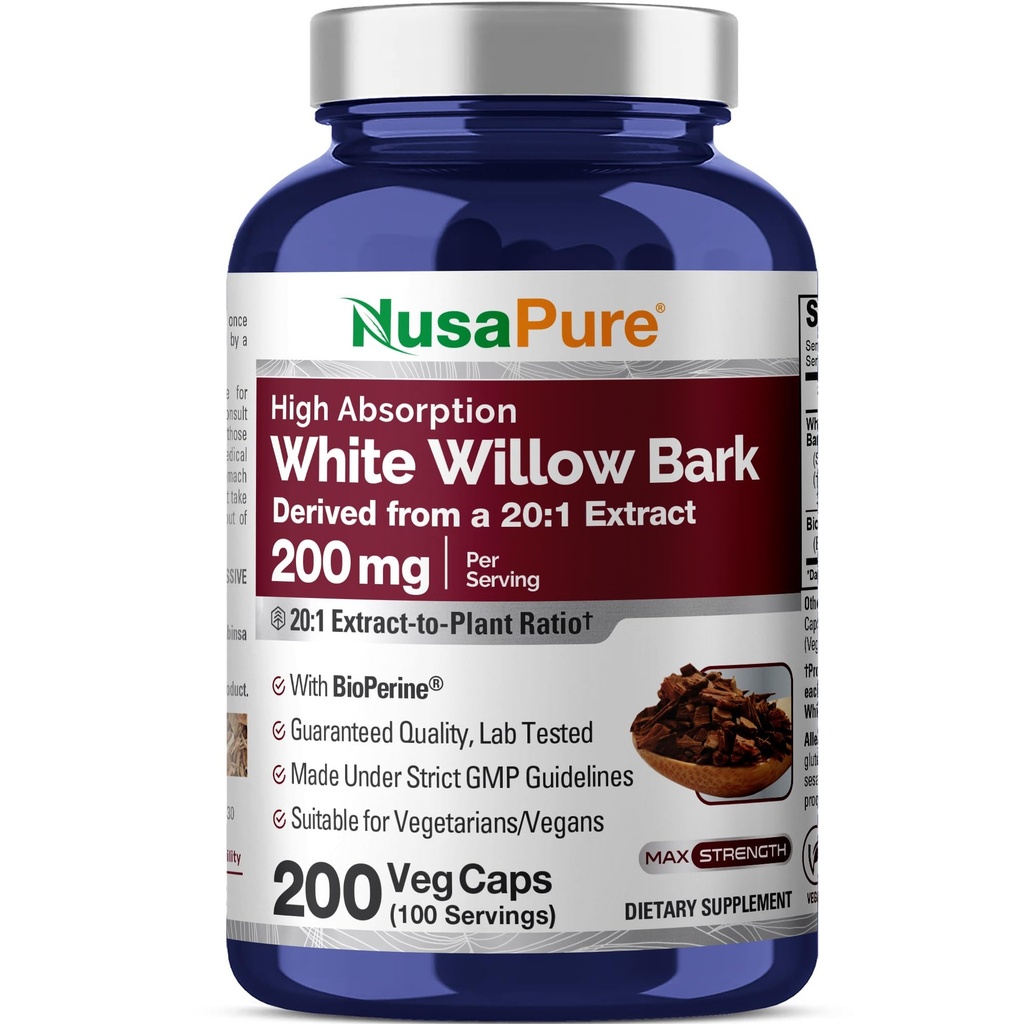 NusaPure White Willow Bark 20:1 Extrait, 200 mg équivalent à 4000mg, 200 Capsules de Veggie, Max Strength, (non-OGM, végétalien)