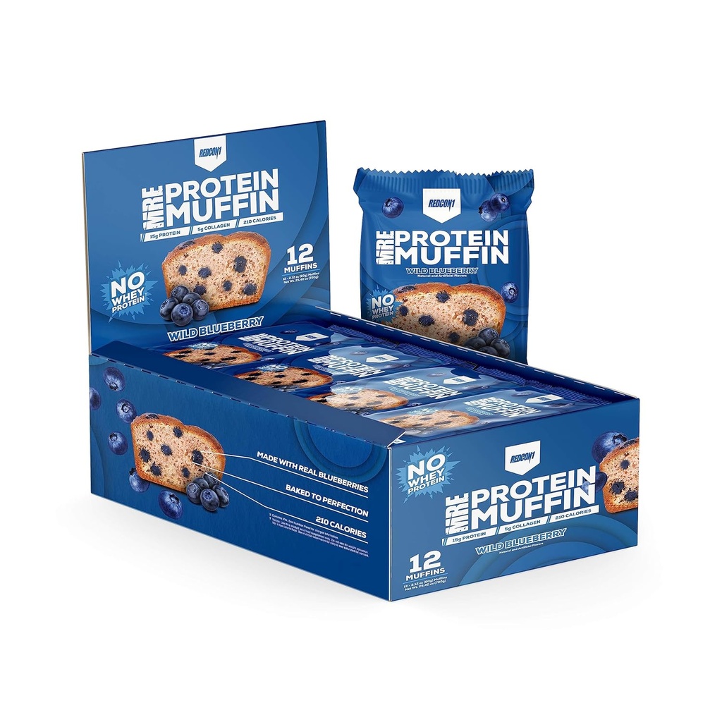 REDCON1 Muffin MRE - aliments entiers 15g Muffin protéinique - Pas de lactosérum et facile à digérer - Aidez à stimuler l'énergie et les muscles du combustible - Snack protéinique aux bleuets sauvages (12 muffins)