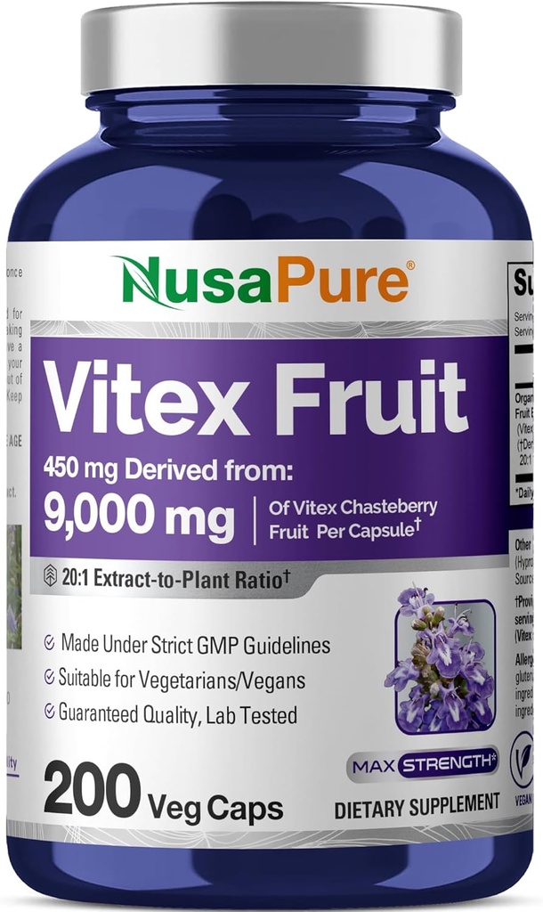 NusaPure Vitex Chasteberry Fruit 20:1 Extrait, 450 mg Équivalent à 9 000 mg 200 Capsules Vegan - Non-OGM, Supplément alimentaire végétalien