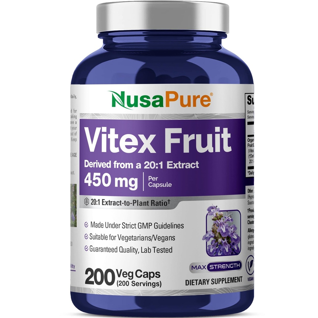 NusaPure Vitex Chasteberry Fruit 20:1 Extrait, 450 mg Équivalent à 9 000 mg 200 Capsules Vegan - Non-OGM, Supplément alimentaire végétalien