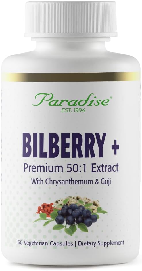 Herbes paradisiaques Bilberry avec suppléments Goji & Chrysanthemum, Super Potent, Ultra Pure, Non-OGM, Sans gluten, Vegan, 60 Capsules végétariennes