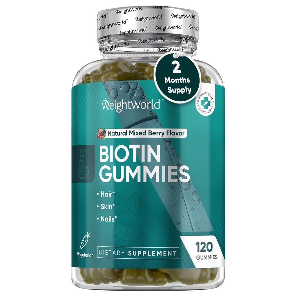 PoidsWorld Biotin Gommies pour les cheveux, la peau et les ongles 5000mcg - 120 Compte (60 portions) - Suppléments de biotine pour les femmes et les hommes - Gummy naturel de biotine parfumée aux baies mélangées - Végétarien et tiers testé