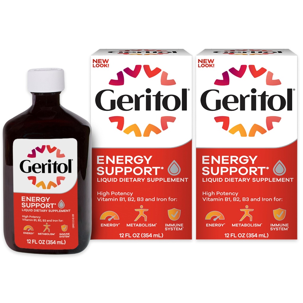 Geritol supplément de vitamine liquide et de fer, soutien énergétique, contient des vitamines B à haute puissance et du fer, goût agréable, facile à avaler, pas d'édulcorants artificiels, non-OGM, 12 Oz, 2 pack