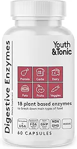 Youth & Tonic Digestive Enzymes with Amylase Bromelain Lipase Lactase Protease Papain - Advanced Digestion Plant Enzymes for Food Breakdown Gas Bloating Gut Health - Women & Men - 60 Vegetable Pills