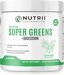 Organic Green Immunity Superfood Powder - Soothes Digestion, Boosts Healthy Vitality and Energy. Fast Acting Formula with Probiotics, Enzymes, Turmeric and Ashwagandha (30 Servings Lemon-Mint)