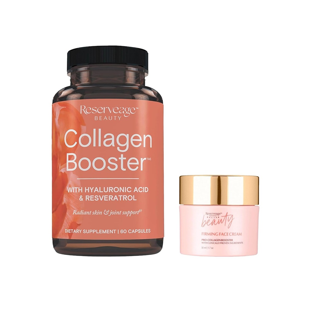 Reservation Beauté, Collagen Booster, Collagen Supplément pour soins de la peau et santé articulaire 60Caps et crème visage raffermi, 1,7 oz