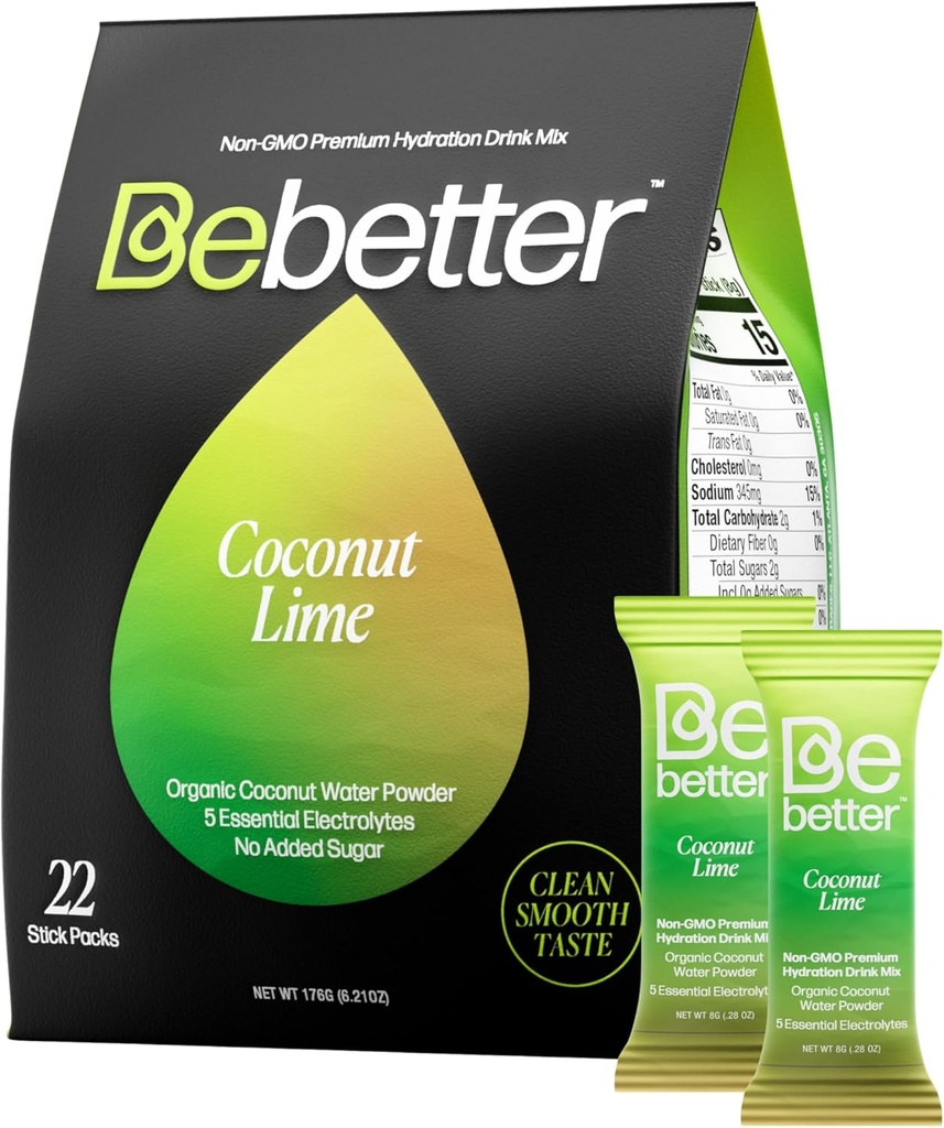 Bebetter Organic Electrolytes Powder Packets.com Mélange quotidien d'électrolytes.com Eau de coco biologique.com Pas d'arôme artificiel.com Packs sans sucre.
